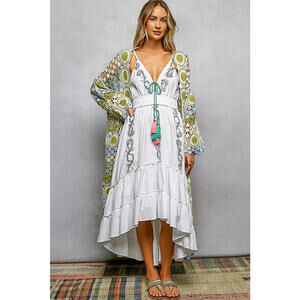 Scalloped Edge Open Front Crochet Cardigan with Colorful Stripe Pattern